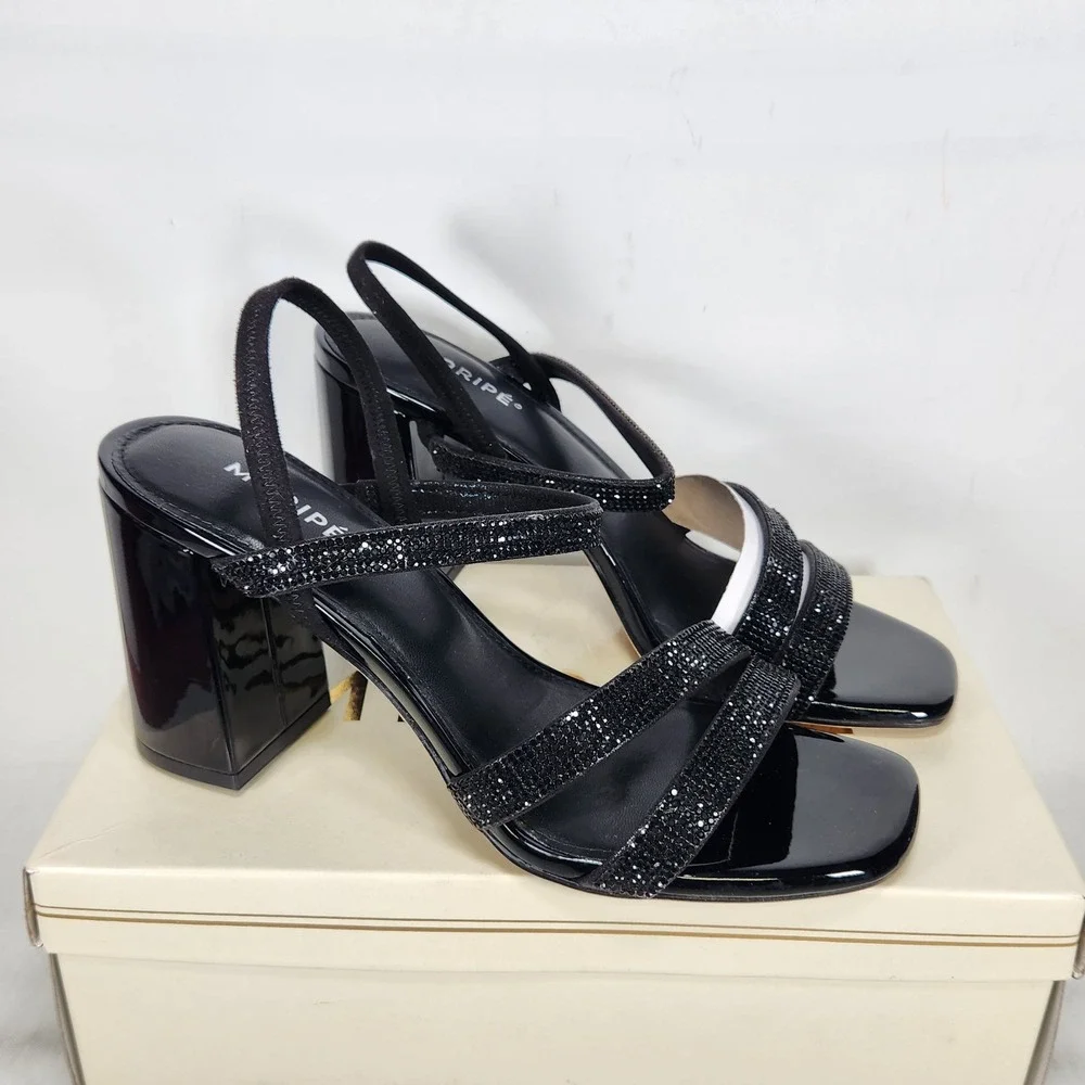 Maripe Lilyana Sandal Women Size 8.5 Black Crystal Embellished Block Heel Square